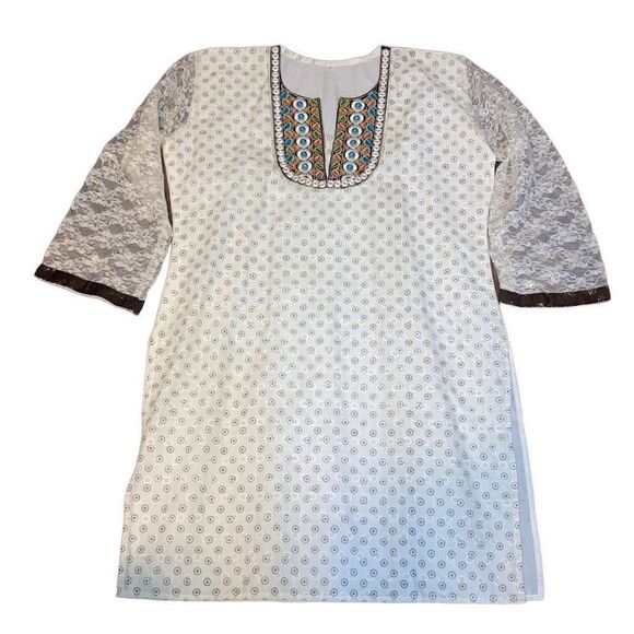 Unbranded Size XXL Indian Long Sleeve Lace Detail Embroidered Split V Neck Dress - Picture 1 of 5